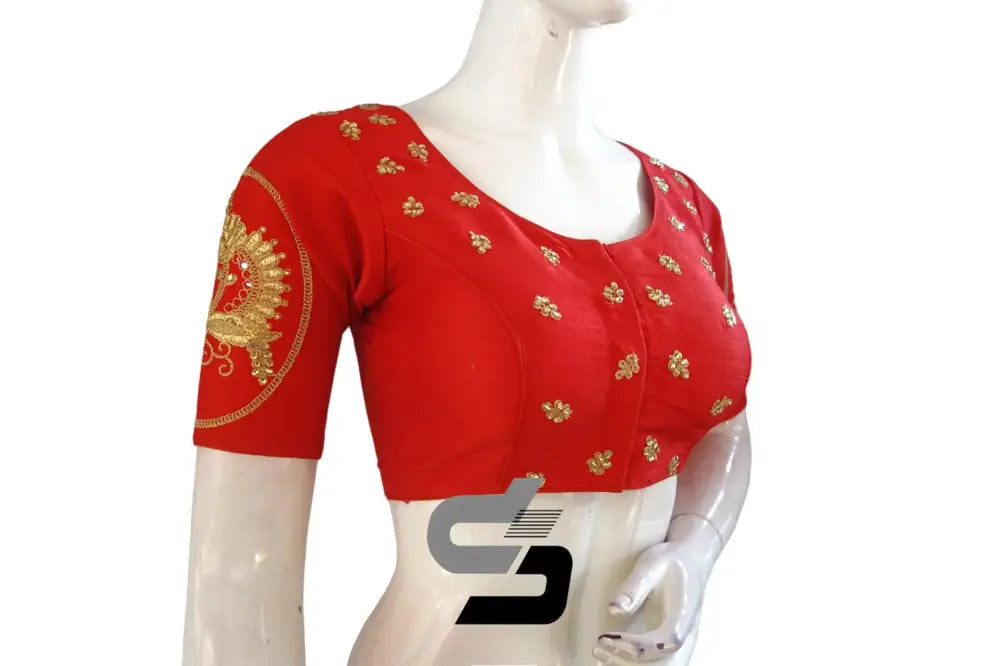 Bold Red High Neck Semi Silk Embroidery Readymade Blouse - D3blouses