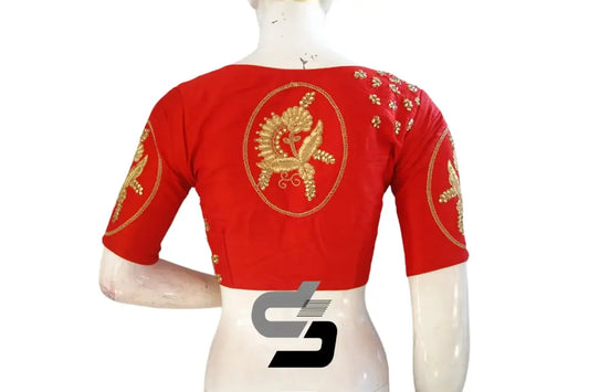 Bold Red High Neck Semi Silk Embroidery Readymade Blouse - D3blouses