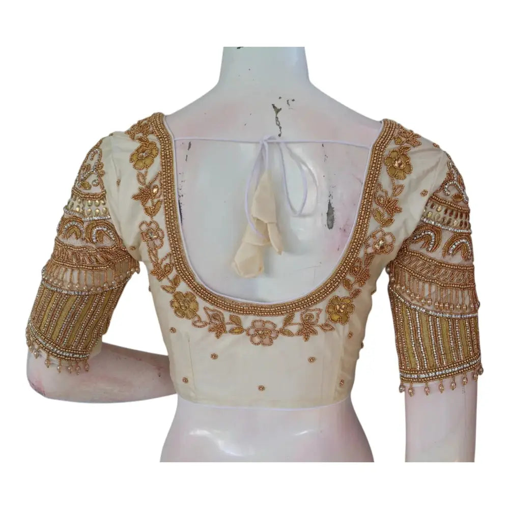 Bridal Off-White Color Silk Saree Blouse with Rich Aari Embellishments - D3blouses