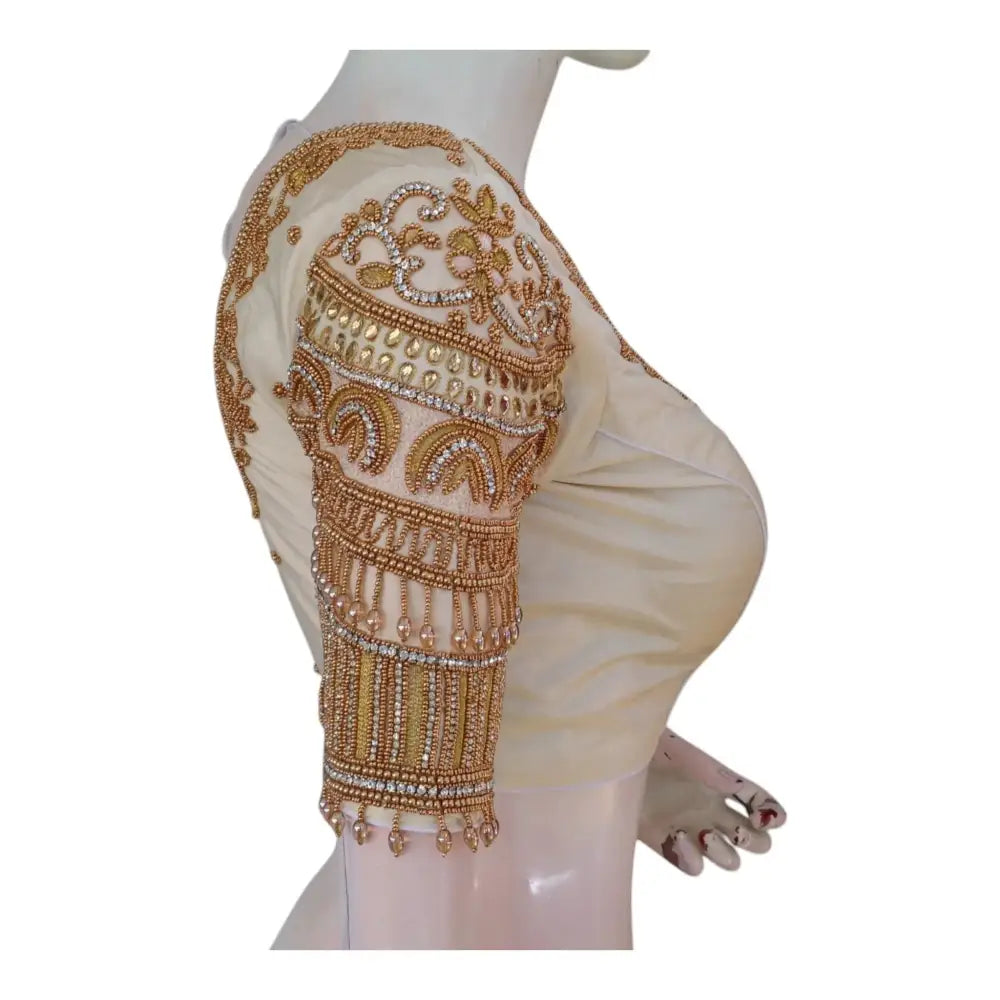 Bridal Off-White Color Silk Saree Blouse with Rich Aari Embellishments - D3blouses