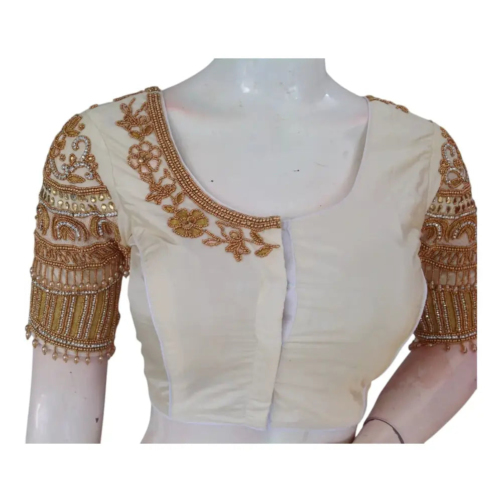 Bridal Off-White Color Silk Saree Blouse with Rich Aari Embellishments - D3blouses