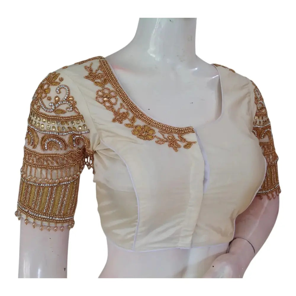 Bridal Off-White Color Silk Saree Blouse with Rich Aari Embellishments - D3blouses