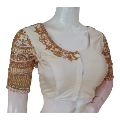 Bridal Off-White Color Silk Saree Blouse with Rich Aari Embellishments - D3blouses