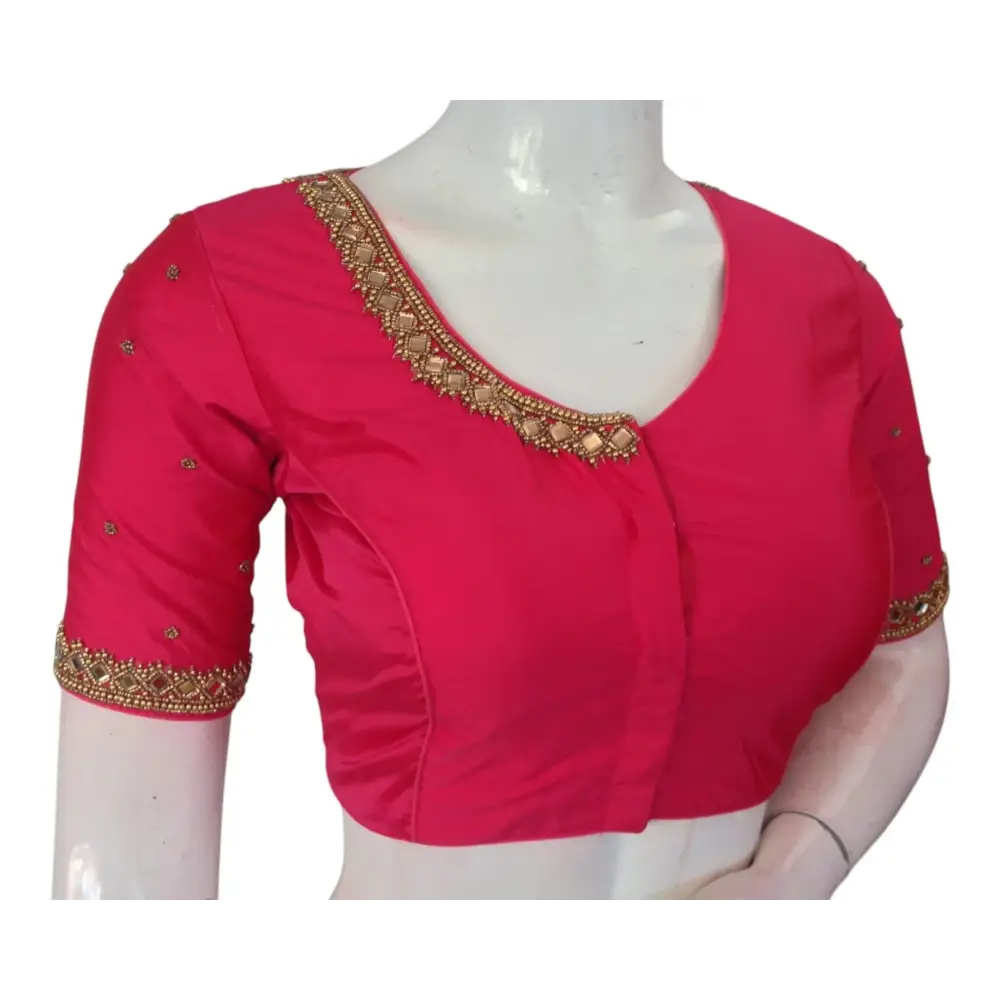 Bridal Peach Pink Silk Blouse: Mirror Aari Embellished Masterpiece - D3blouses