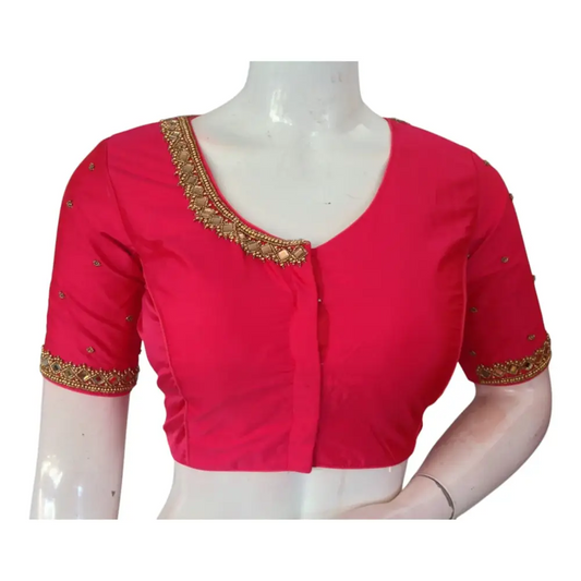 Bridal Peach Pink Silk Blouse: Mirror Aari Embellished Masterpiece - D3blouses