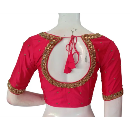 Bridal Peach Pink Silk Blouse: Mirror Aari Embellished Masterpiece - D3blouses