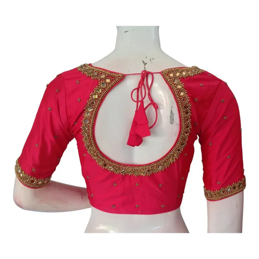 Bridal Peach Pink Silk Blouse: Mirror Aari Embellished Masterpiece - D3blouses