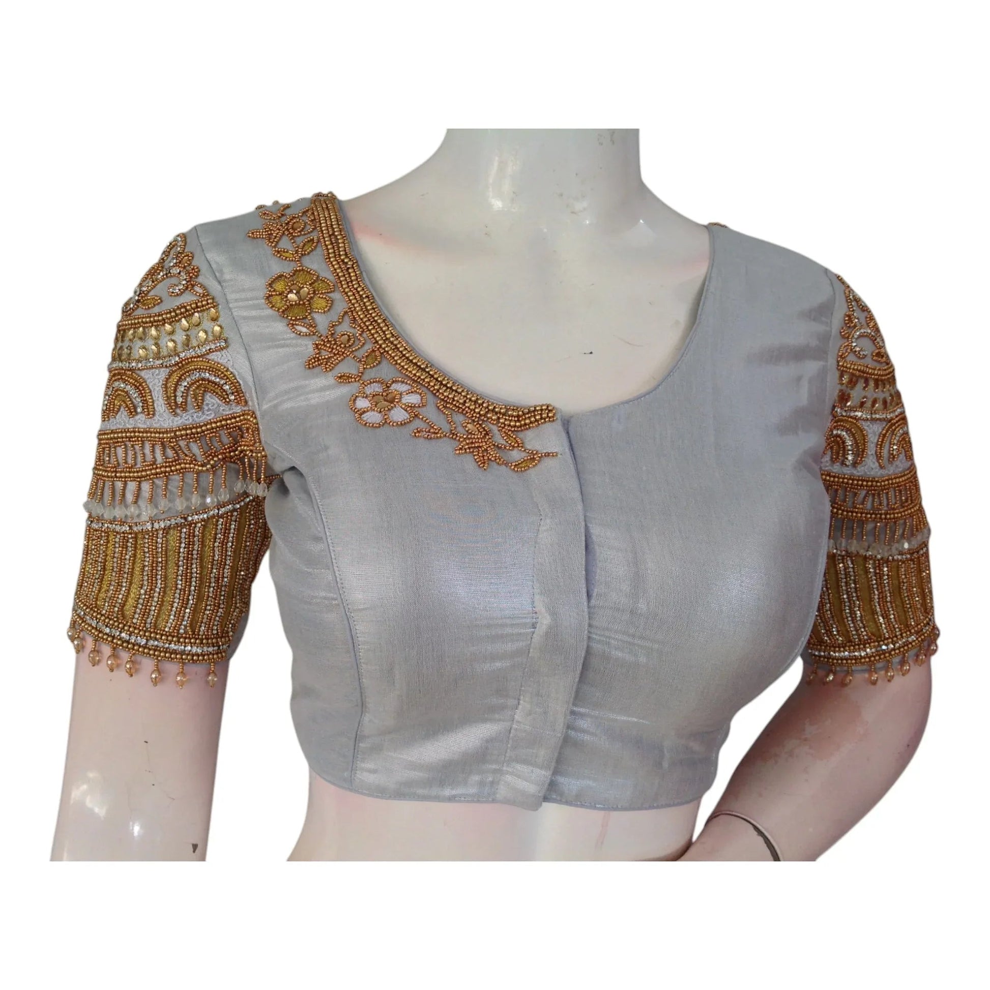 Bridal Special: Tissue Silk Blouse with Intricate Silver Aari Hand Work - D3blouses