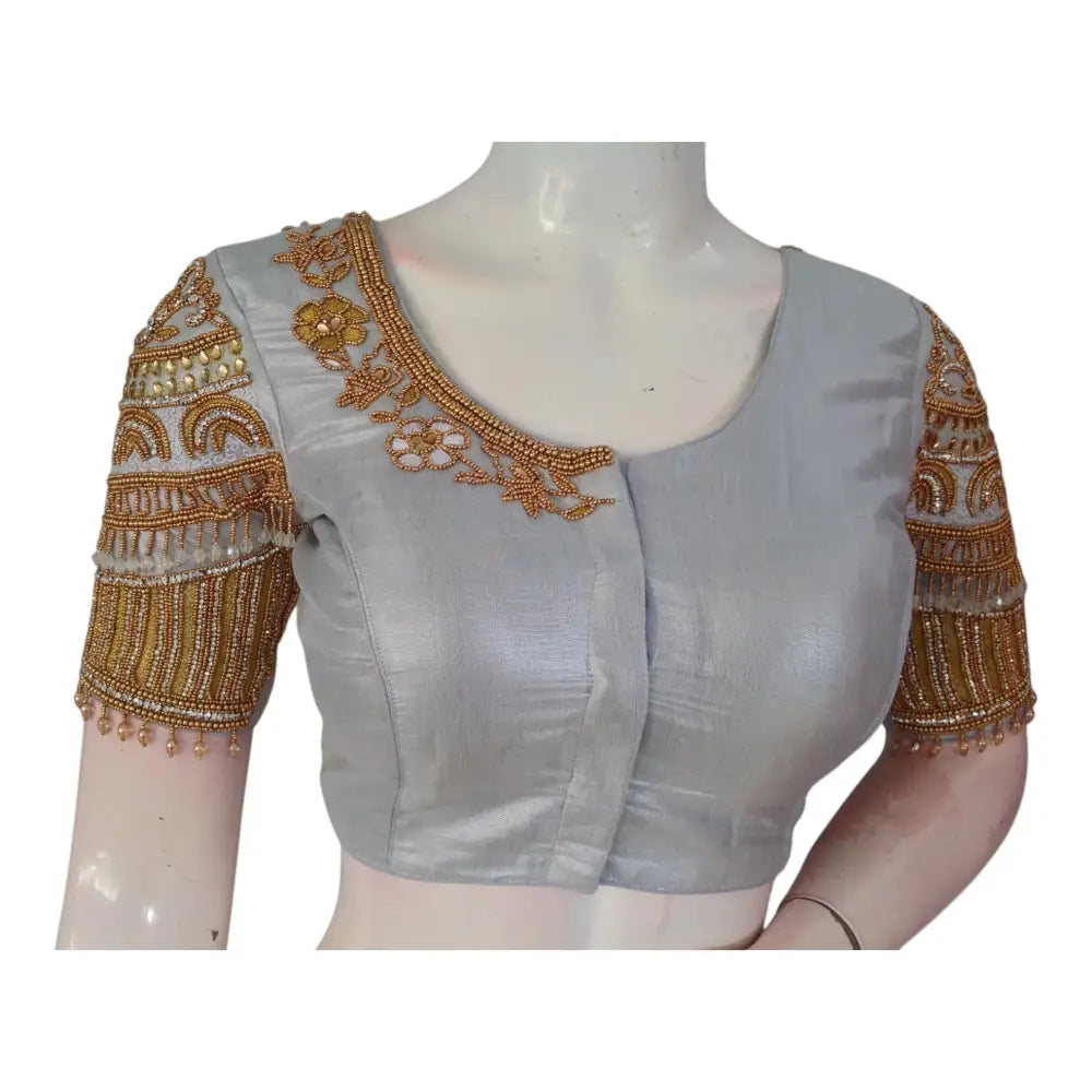Bridal Special: Tissue Silk Blouse with Intricate Silver Aari Hand Work - D3blouses