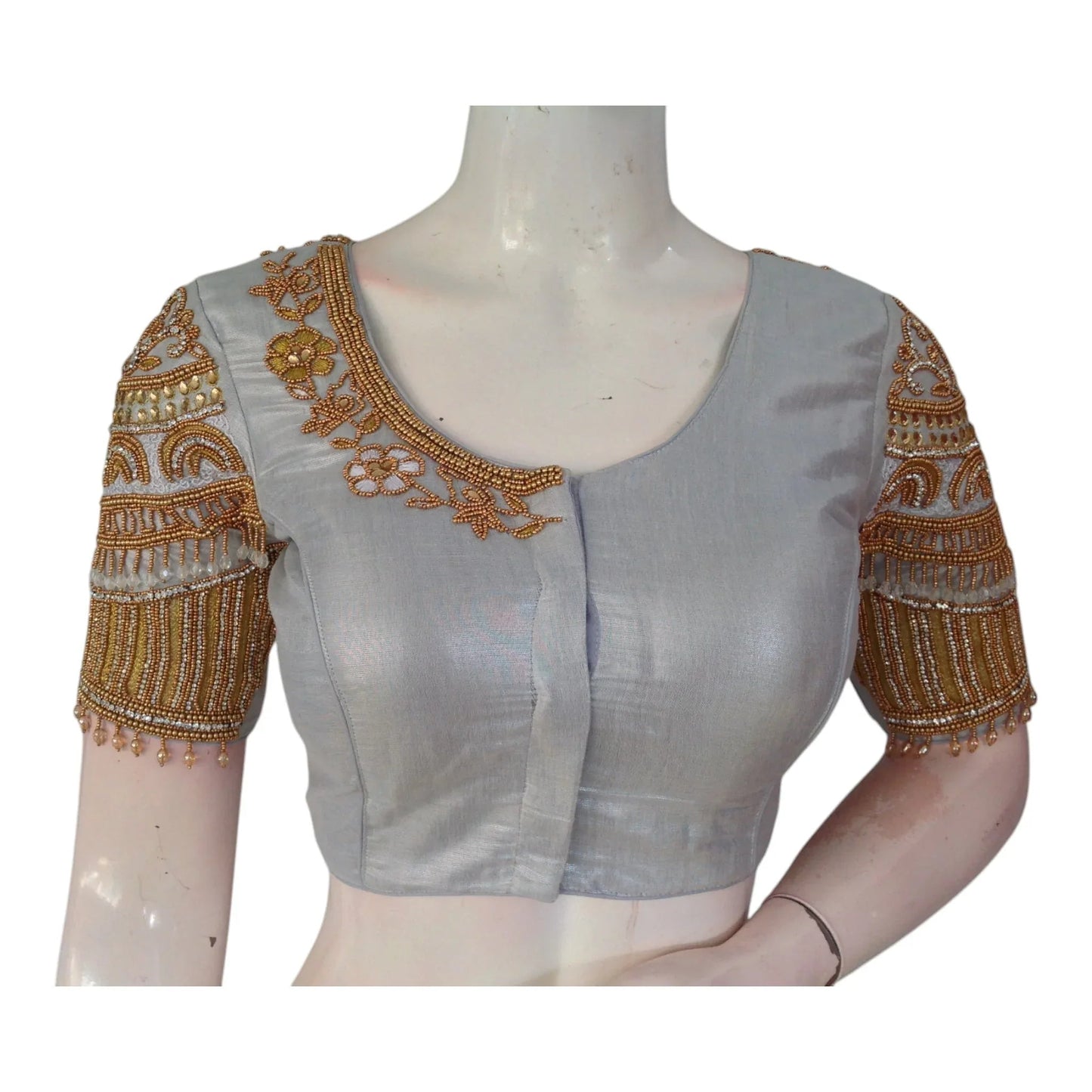 Bridal Special: Tissue Silk Blouse with Intricate Silver Aari Hand Work - D3blouses