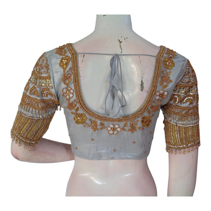 Bridal Special: Tissue Silk Blouse with Intricate Silver Aari Hand Work - D3blouses