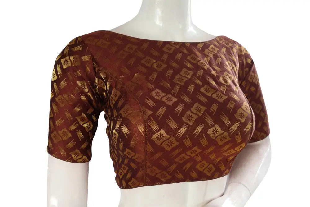 Brown Color Brocade Silk Designer Boat Neck Ready-made saree blouse with Potli Button, Indian Silk saree Ready-made blouse - D3blouses