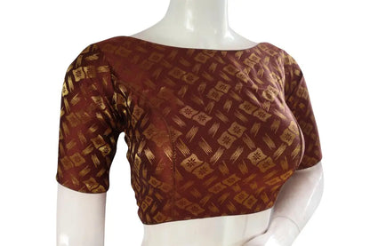 Brown Color Brocade Silk Designer Boat Neck Ready-made saree blouse with Potli Button, Indian Silk saree Ready-made blouse - D3blouses