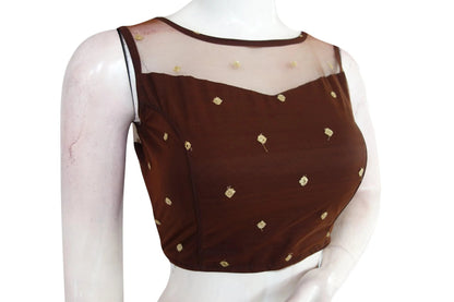 Brown Color Floral Organza Netted Designer Blouse With Tassels - D3blouses