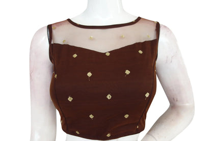 Brown Color Floral Organza Netted Designer Blouse With Tassels - D3blouses