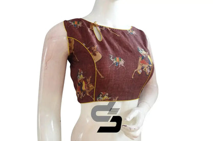 Brown Color Printed Silk Boat Neck Readymade Saree Blouse - D3blouses