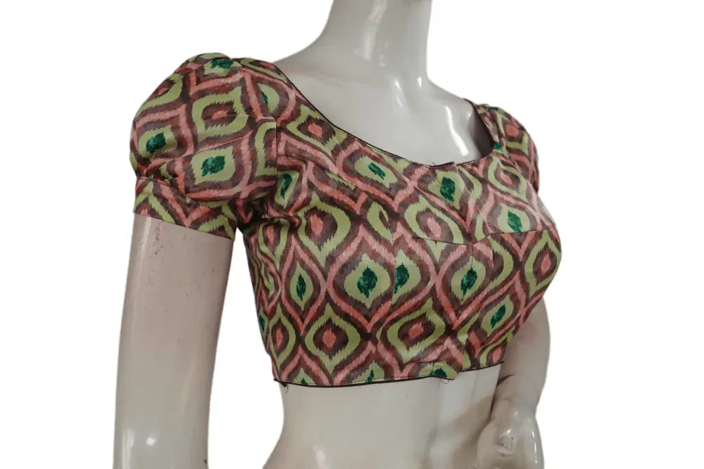 Brown Color Satin Printed Designer Readymade Blouse With Puff Sleeves - D3blouses
