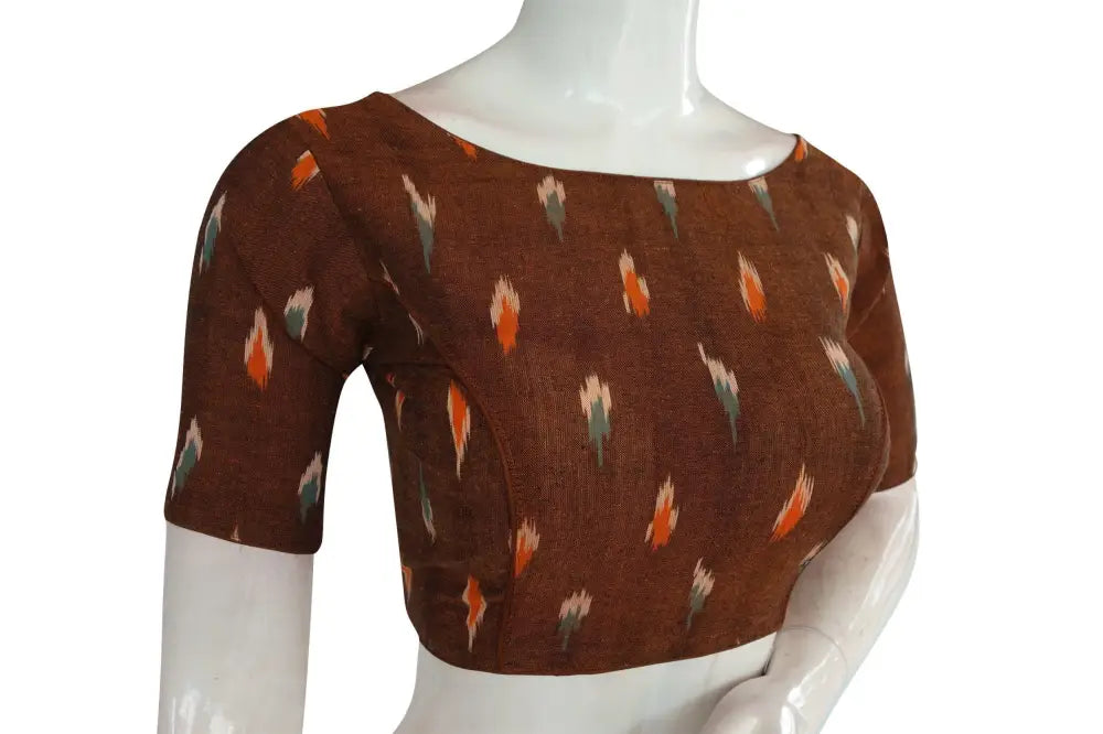 Brown Ikkat Boat Neck Designer Saree Blouses, Ethnic Elegance - D3blouses