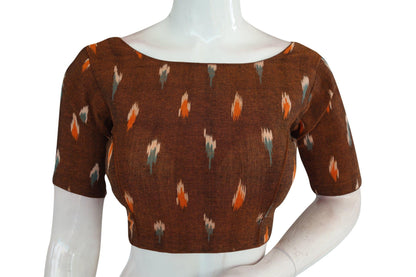 Brown Ikkat Boat Neck Designer Saree Blouses, Ethnic Elegance - D3blouses