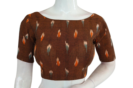 Brown Ikkat Boat Neck Designer Saree Blouses, Ethnic Elegance - D3blouses