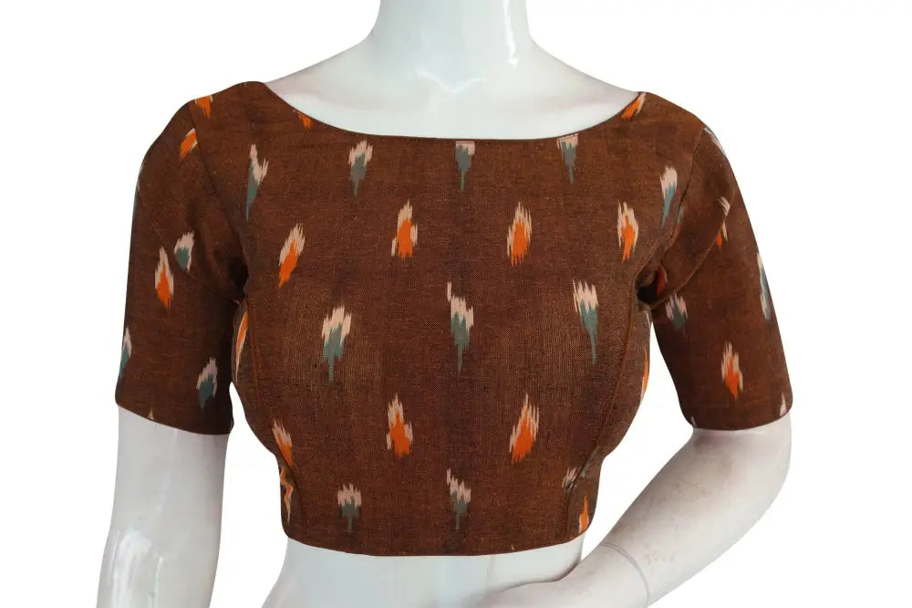 Brown Ikkat Boat Neck Designer Saree Blouses, Ethnic Elegance - D3blouses