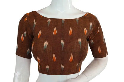 Brown Ikkat Boat Neck Designer Saree Blouses, Ethnic Elegance - D3blouses