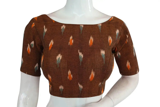 Brown Ikkat Boat Neck Designer Saree Blouses, Ethnic Elegance - D3blouses
