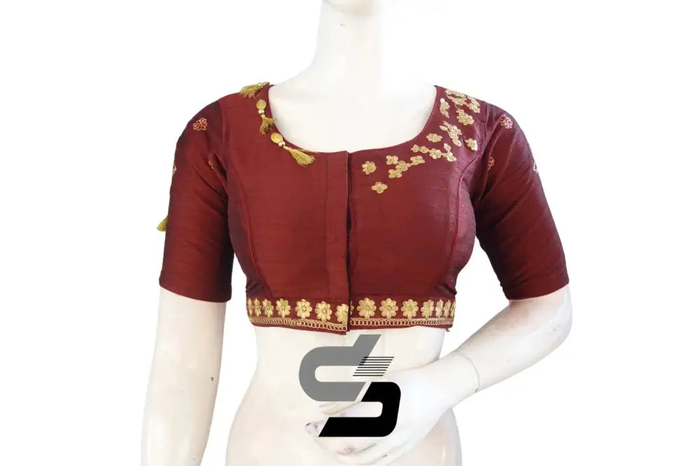 Captivating Red Wine High Neck Semi Silk Embroidery Readymade Blouse - D3blouses
