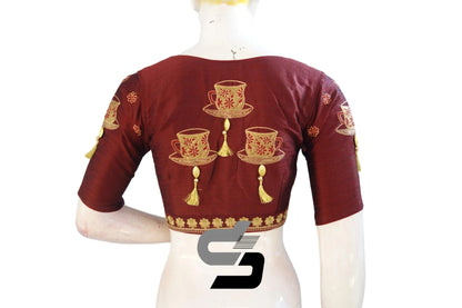 Captivating Red Wine High Neck Semi Silk Embroidery Readymade Blouse - D3blouses