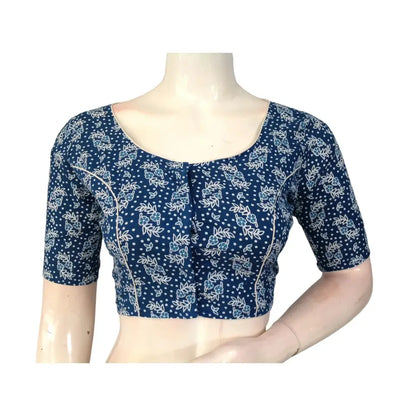 Celestial Hues: Blue Cotton High Neck Blouse for Sarees - D3blouses