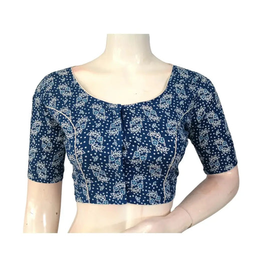 Celestial Hues: Blue Cotton High Neck Blouse for Sarees - D3blouses