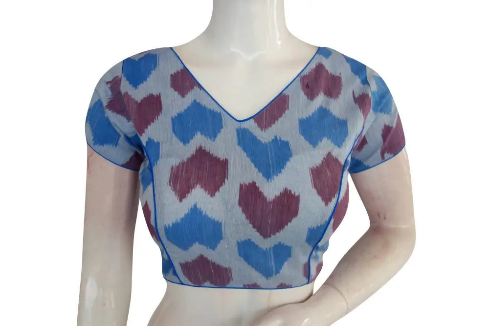 Charming Blue Ikkat V-Neck Designer Saree Blouse - Women's Wardrobe Essential - D3blouses