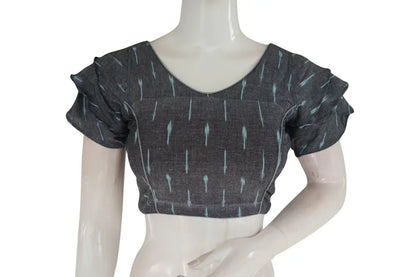Charming Grey Ikkat Readymade Saree Blouse with Stylish Ruffle Sleeve - D3blouses