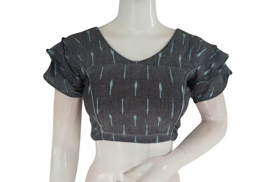 Charming Grey Ikkat Readymade Saree Blouse with Stylish Ruffle Sleeve - D3blouses