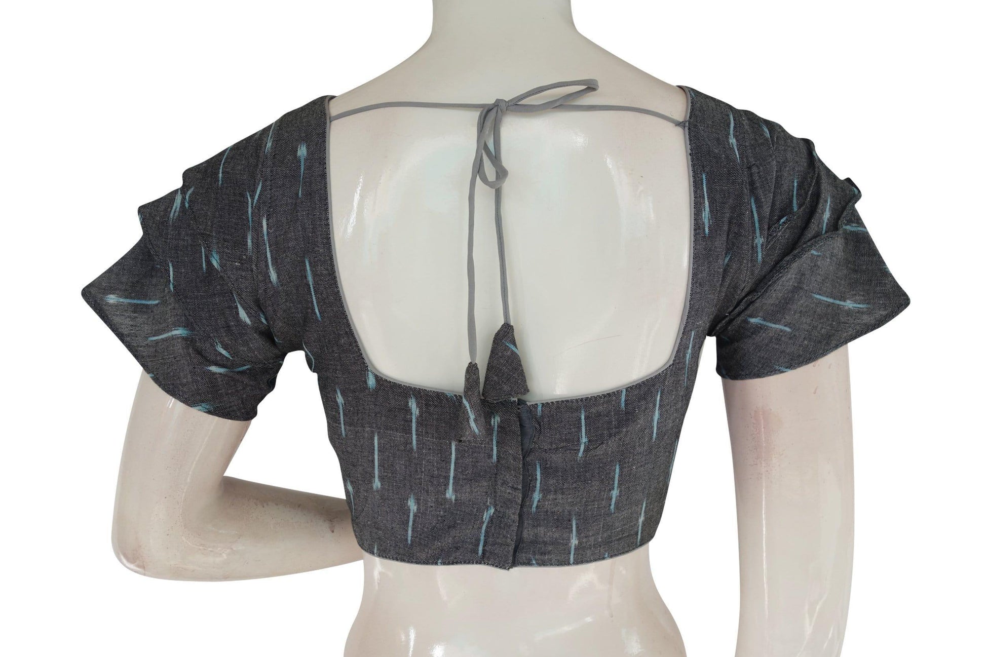 Charming Grey Ikkat Readymade Saree Blouse with Stylish Ruffle Sleeve - D3blouses