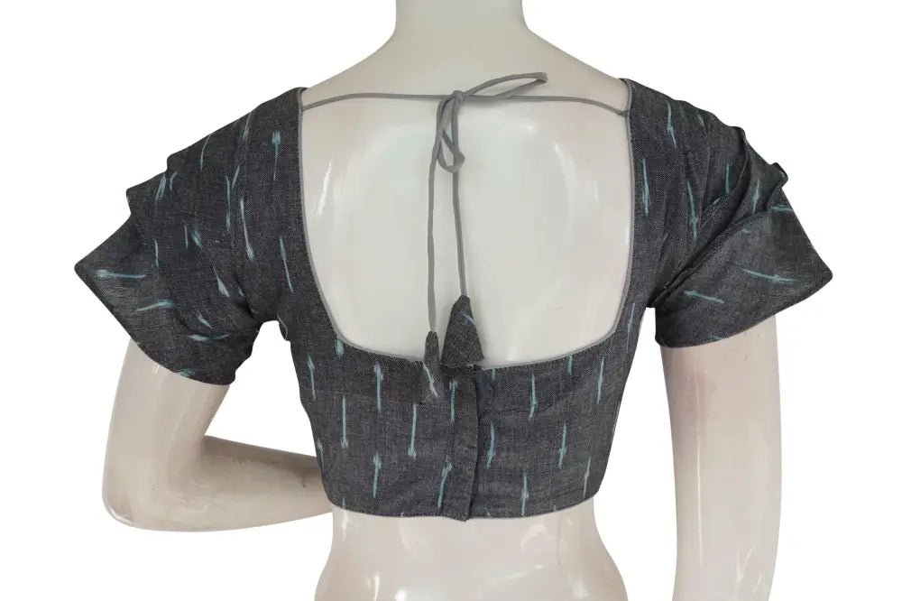Charming Grey Ikkat Readymade Saree Blouse with Stylish Ruffle Sleeve - D3blouses