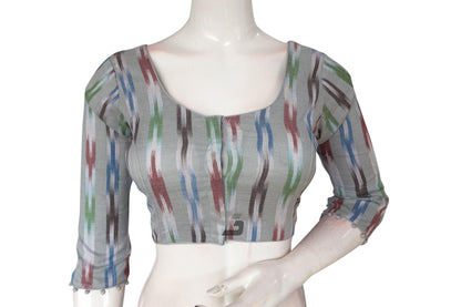 Charming Grey Multi-Color Ikkat Cotton Readymade Saree Blouse with 3/4th Sleeves - D3blouses