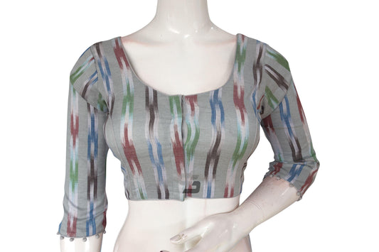 Charming Grey Multi-Color Ikkat Cotton Readymade Saree Blouse with 3/4th Sleeves - D3blouses