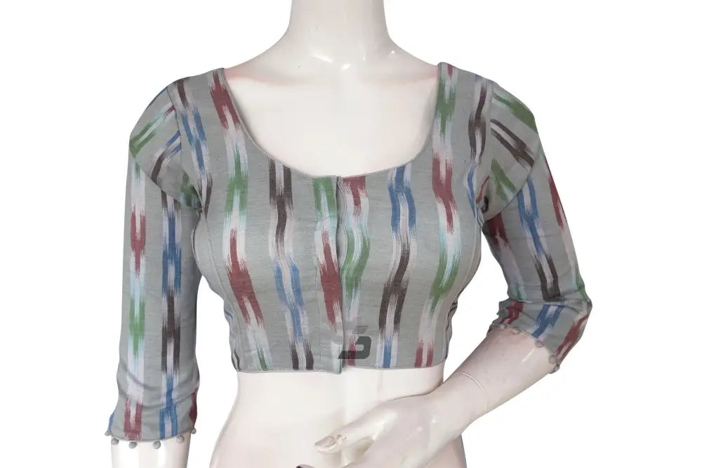 Charming Grey Multi-Color Ikkat Cotton Readymade Saree Blouse with 3/4th Sleeves - D3blouses