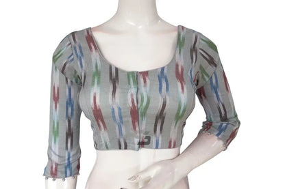 Charming Grey Multi-Color Ikkat Cotton Readymade Saree Blouse with 3/4th Sleeves - D3blouses