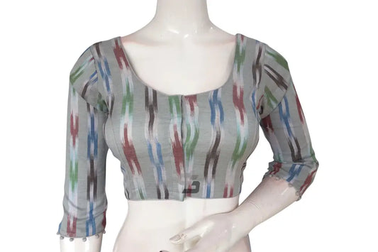 Charming Grey Multi-Color Ikkat Cotton Readymade Saree Blouse with 3/4th Sleeves - D3blouses