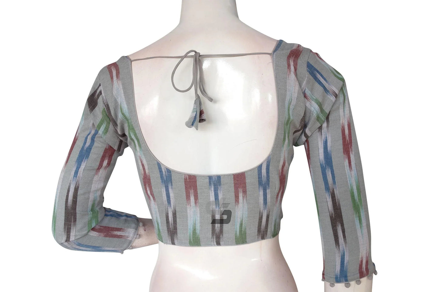 Charming Grey Multi-Color Ikkat Cotton Readymade Saree Blouse with 3/4th Sleeves - D3blouses