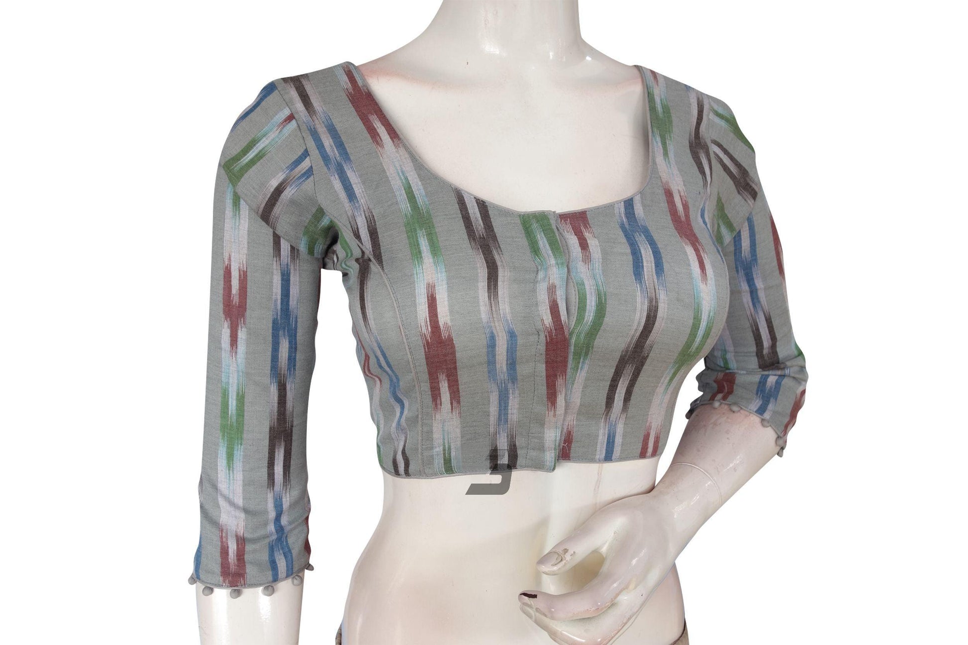 Charming Grey Multi-Color Ikkat Cotton Readymade Saree Blouse with 3/4th Sleeves - D3blouses