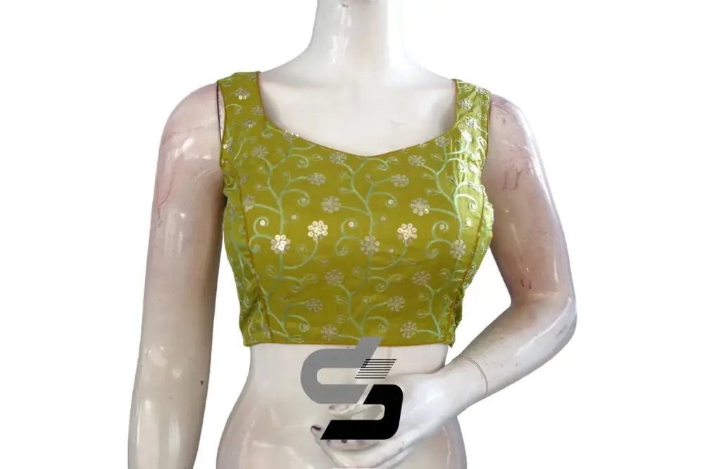 Chic and Convenient: Green Sequin Embroidery Readymade Blouse with Mobile Pouch - D3blouses