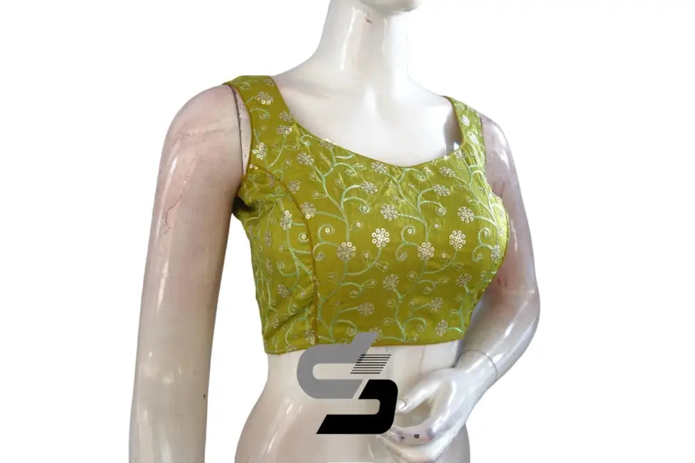Chic and Convenient: Green Sequin Embroidery Readymade Blouse with Mobile Pouch - D3blouses