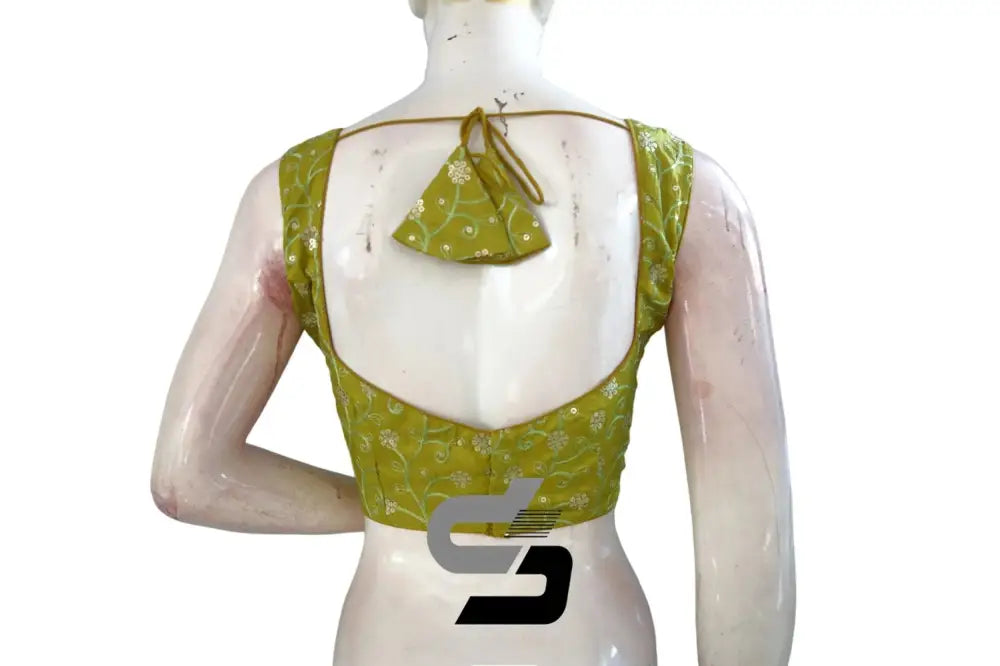 Chic and Convenient: Green Sequin Embroidery Readymade Blouse with Mobile Pouch - D3blouses