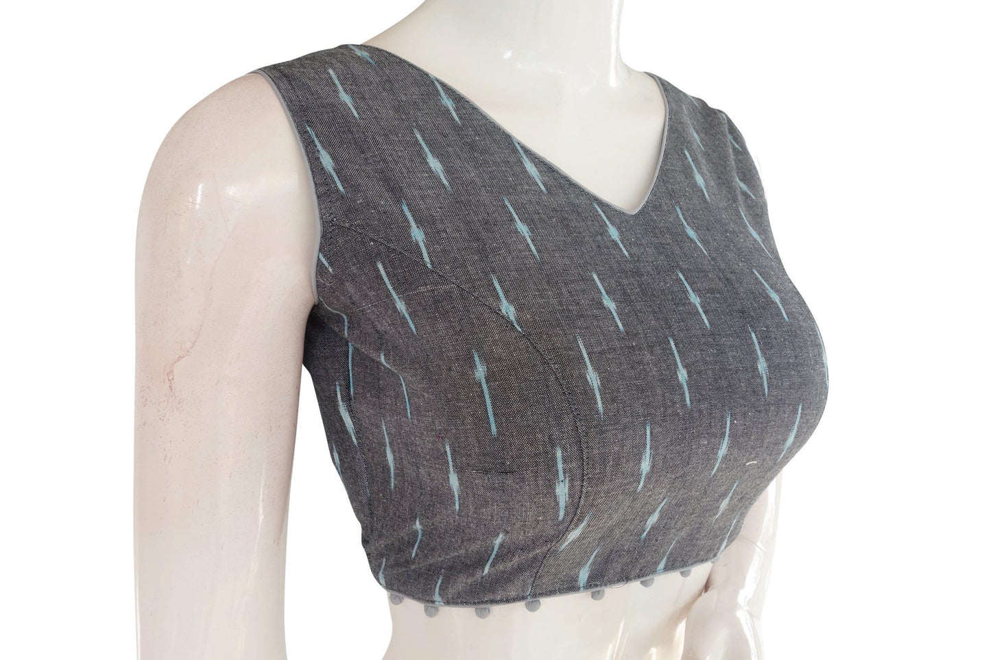 Chic and Stylish: Grey Color Ikkat V-neck Designer Blouse with Potli Button - D3blouses