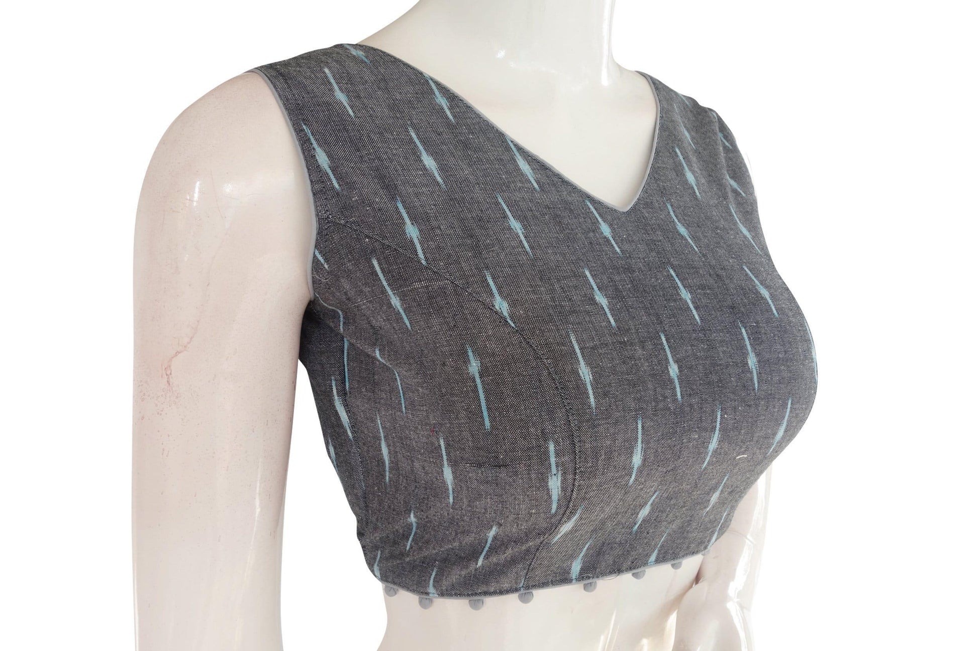 Chic and Stylish: Grey Color Ikkat V-neck Designer Blouse with Potli Button - D3blouses