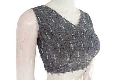Chic and Stylish: Grey Color Ikkat V-neck Designer Blouse with Potli Button - D3blouses