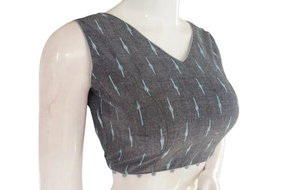 Chic and Stylish: Grey Color Ikkat V-neck Designer Blouse with Potli Button - D3blouses